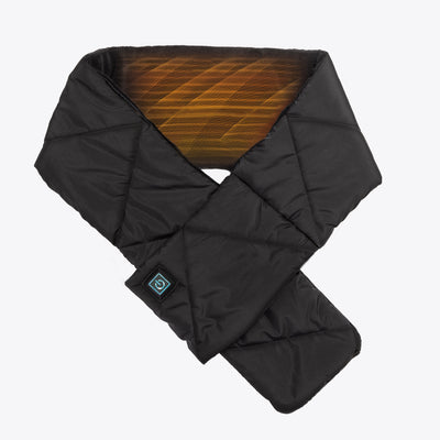 Black quilted cordless heated puffer scarf folded over itself showing the orange heating element inside